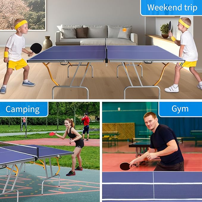 Professional Table Tennis Table, Foldable Ping Pong Game Set for Indoor, 8FT 9FT Single Player Playback Mode Ping Pong Table with Net and Post Set, 2 Paddles and 3 Balls (Blue & Yellow-8FT)