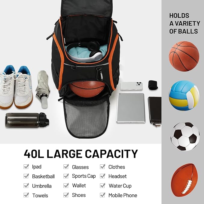 MIER Gym Backpack 40L Basketball Backpack with Ball Compartment & Shoes Storage Multi-Functional Sports Soccer Bag Large Equipment Back Pack Volleyball Backpacks for Men Women