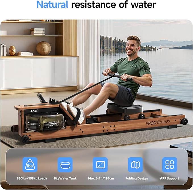 Water Rowing Machine for Home, Foldable Rower Machines with Comfortable Seat and Quick-Folding Design, Wooden Water Rower with 350LBS Weight Capacity