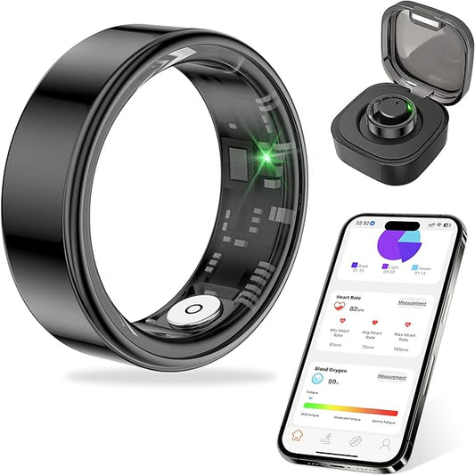 Thin Smart Ring for Fitness & Health Tracking -Pedometer,Sleep/Heart Rate/Blood Oxygen Monitor, Gesture Control / 5ATM Waterproof -No APP Subscription Compatible with Android& iOS (Black, 7)