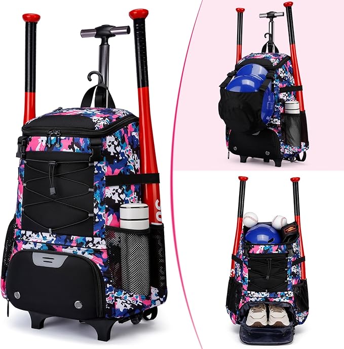 Softball Bag, Baseball Rolling Bat Bag - Wheeled for Youth Girls Adult, Lightweight Equipment Backpack With Shoe Compartment, Fence Hook for TBall, Helmet