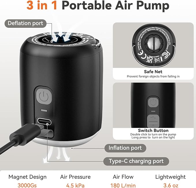 Sportneer Mini Air Pump: 1600mAh Rechargeable Air Pump for Inflatables with Hook, Magnetic and Light Function, Air Mattress Pump for Pool Floats, Sleeping Pads, Swimming Ring, Vacuum Storage Bags