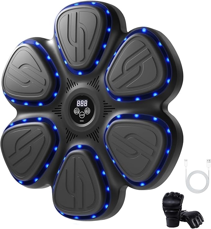 Music Boxing Machine, Bluetooth Punching Machine with Music, Wall-Mounted Punching Pad, LED Boxing Trainer with Gloves