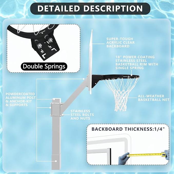 PROGOAL Aluminum Shot and Dunk Poolside Basketball Hoop - In Ground Removable Rust-Resistant Adjustable Height Pool Basketball Game System with Clear Backboard 1/2 Springs Rim and Three Balls