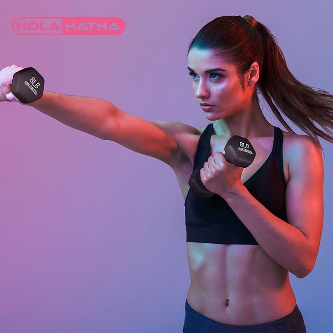 HolaHatha 2, 3, 5, 8, and 10 Pound Neoprene Dumbbell Free Hand Weight Set with Rack, Ideal for Home Exercises to Gain Tone and Definition, Pastel