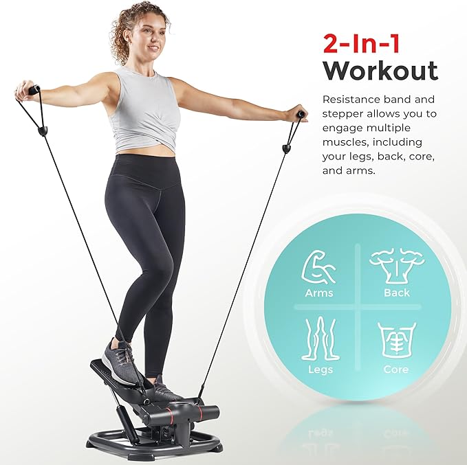 Sunny Health & Fitness 2-in-1 Premium Power Stepper with Resistance Bands, Low-Impact Cardio, Space-Saving, Height-Adjustable, with Enhanced Bluetooth Connectivity with Free SunnyFit App
