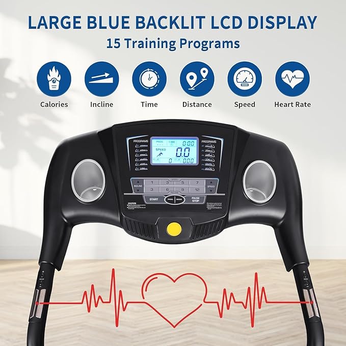 Treadmill with 0-12% Auto Incline Treadmills for Home Folding Treadmill with Incline 15 Pre-Set Training Programs Large LCD Display Running Machine Walking Jogging Running for Office Workout