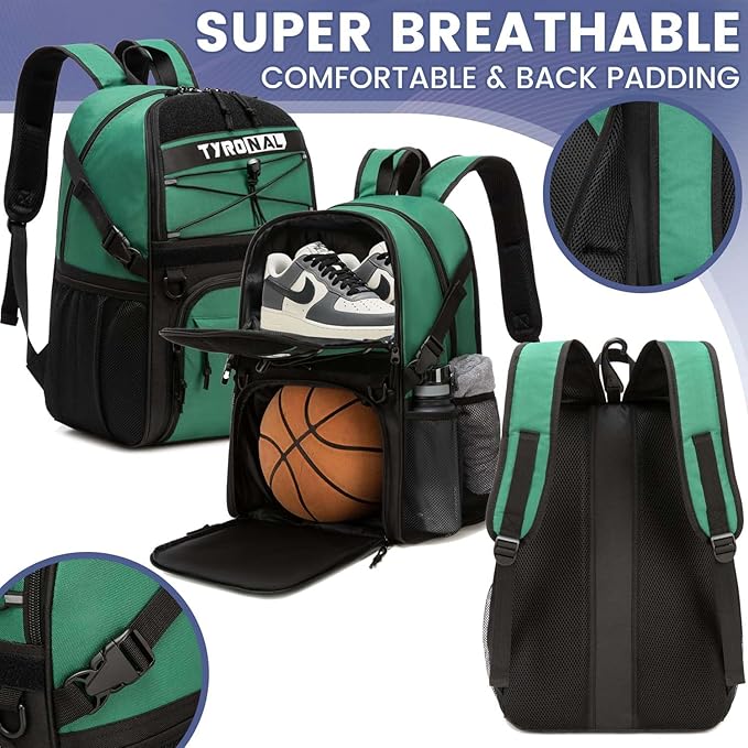 Basketball Bag Backpack with Ball Holder and Shoes Compartment,Best for Basketball, Soccer, Volleyball, Gym. (GREEN)