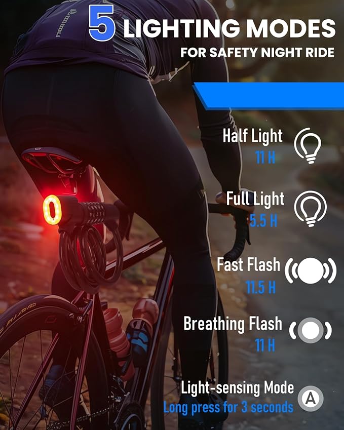 Combination Bike Lock Cable - with LED Bike Tail Light and Keypad Light, IPX6 Waterproof Heavy Duty Strong Anti-Theft 5 Digit Keyless Cable Lock, for Kids Adult Bike Accessories (4FT, Black-0.5 inch)