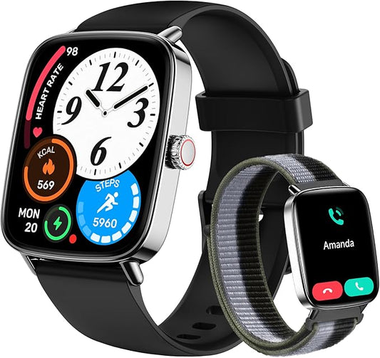 Tensky Smart Watch for Men/Women Android & iPhone, 1.85" Touch Screen Fitness Tracker with Answer/Make Call, IP68 Waterproof Heart Rate/SpO2/Sleep Monitor, Pedometer, 100+ Sport Modes (2 Bands)