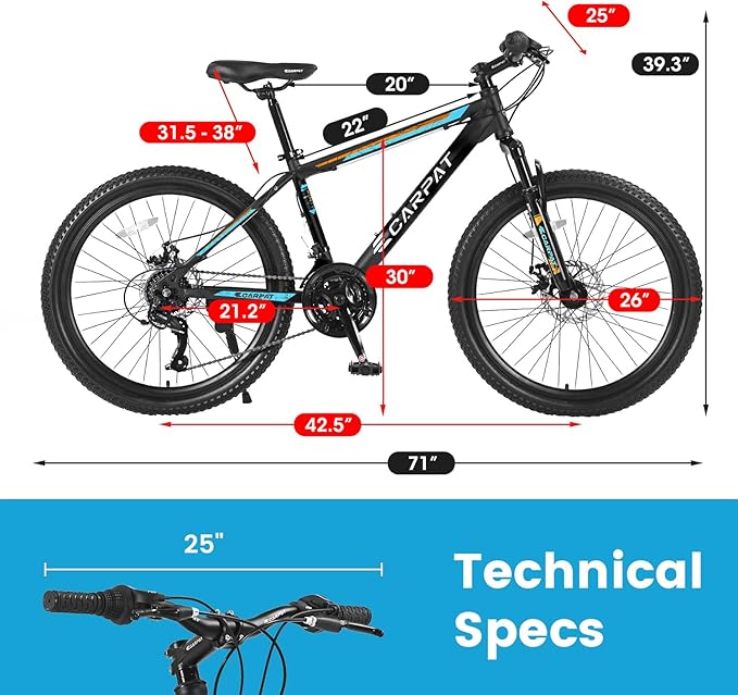24/26 Inch Mountain Bike, 21 Speed Mountain Bicycle with High Carbon Steel Frame, Dual Disc Brakes and Front Suspension, MTB Bike for Adult Teenagers Boys Girls