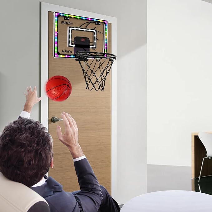AOKESI Mini Indoor Basketball Hoop for Kids Scoring Hoop with 3 Balls,Led Light & Batteries Over The Door Bedroom Office Portable Basketball Toys Best Gift for Adults & Boys 4 5 6 7 8 9