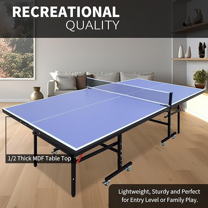8ft Mid-Size Table Tennis Table Foldable & Portable Ping Pong Table Set for Indoor Games with Net, 2 Table Tennis Paddles and 3 Balls