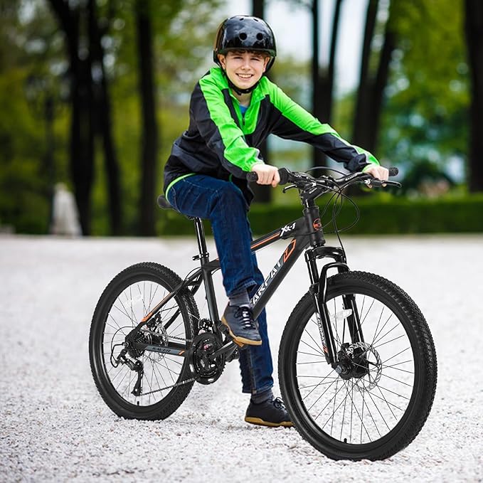 24/26 Inch Mountain Bike, 21 Speed Mountain Bicycle with High Carbon Steel Frame, Dual Disc Brakes and Front Suspension, MTB Bike for Adult Teenagers Boys Girls