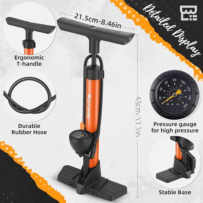 Bike Floor Pump, Bikes Pump with Gauge,Bicycle Air Pump with High Pressure 160 Psi, BikeTire Pump with Presta Schrader Valves,Portable Hand Pump Bike, Fits Road Bikes MTB E-Bike, Ball