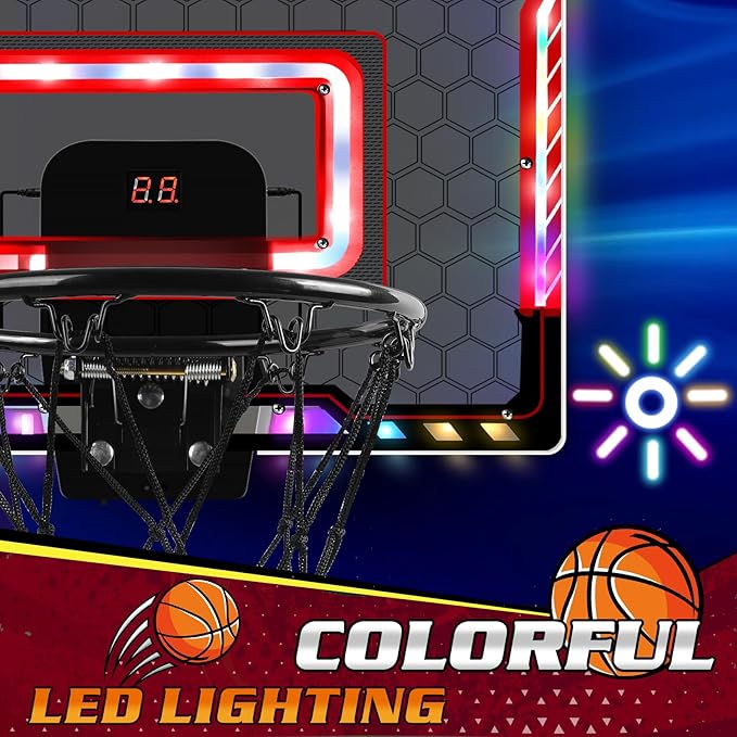 Mini Basketball Hoop Indoor with Scorer and Batteries, Indoor Basketball Hoop Over The Door with Colorful LED Lighting, Toy Basketball Set for Boys Girls Age 3 4 5 6 7 8