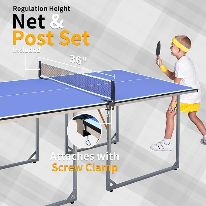 Compact Ping Pong Table, 6ft Mid-Size Indoor/Outdoor Table Tennis Game Set, Foldable, Portable Table Tennis Table with Net, 2 Table Tennis Paddles and 3 Balls