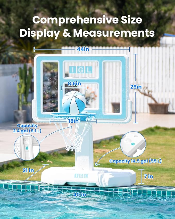 IGL DunkSplash Elite Pool Basketball Hoop, Swimming Pool Basketball Hoop Poolside with PC Backboard, Stainless Steel Rim, Water Storage Base & Stand with 2 Balls & Pump