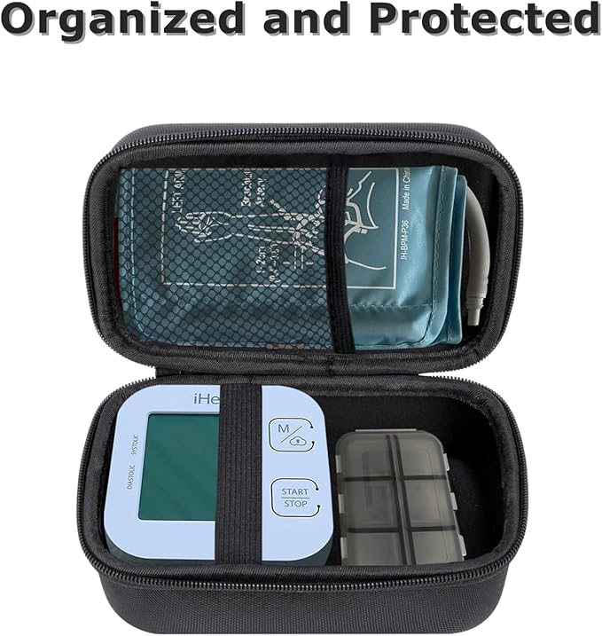 Ginsco Compact Hard Shell Case for Blood Pressure Monitor, Compatible with Omron Bronze/iHealth/Oklar, Portable Carrying Travel Case with Handle, Mesh Pocket for Cuff/Batteries/Charger (Black, M)