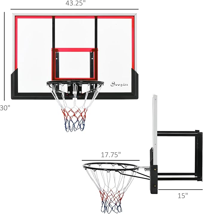 Soozier Wall Mounted Basketball Hoop, Basketball Goal Combo Kit with 43" x 30" Shatter Proof Backboard, Durable Bracket and All Weather Net for Outdoor Use