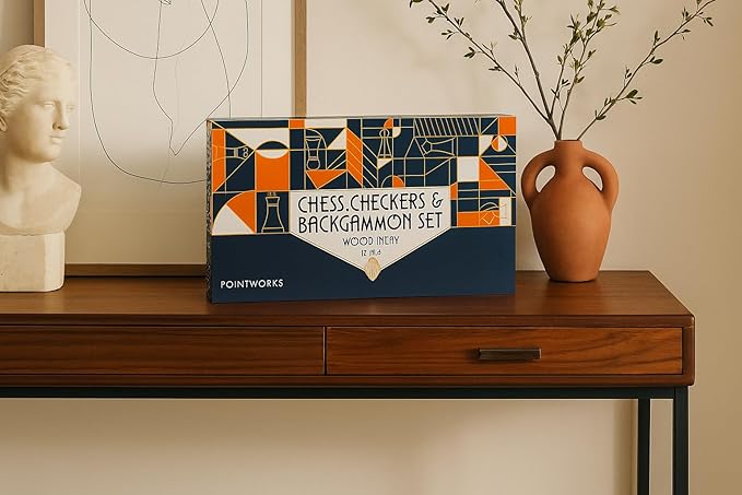 17 Inch Chess Checkers Backgammon Set for adults, Wooden chess set combo, portable folding two sided board multi game design, maple walnut inlay with large weighted pieces, acrylic checkers