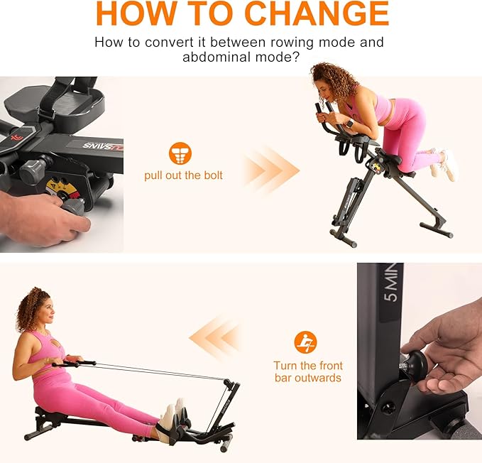 TOUSAINS 3 in 1 Rowing Machine, Ab Machine with Resistance Bands, Abdominal Trainers for Full Body Workout, Fitness Foldable Equipment Rowing Machine for Home Gym