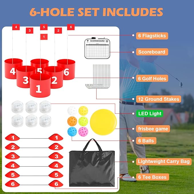 FOOING Golf Games, Golf Yard Set with LED Light, Portable Golf Practice Outdoor Games 6 Hole Set, Golf Simulators for Home Adults Kids Lawn, Beach, Yard, Camping