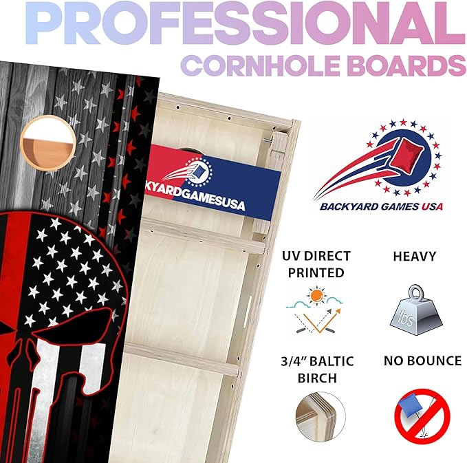 CornholeGamesUSA Pro Cornhole Boards Set | Made in USA | 3/4 Baltic Birch | No Bounce | Triple Thick Legs | Two Brace & Handles, Tournament 2x4 Regulation Set with Score Tower & Cornhole Bags