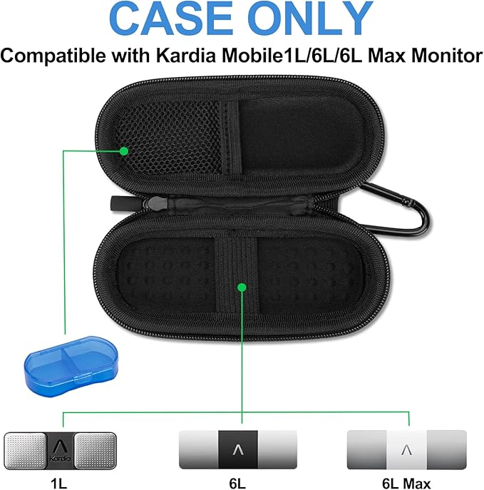 Case for Kardiamobile EKG Monitor, Compatible with Kardiamobile EKG Heart Monitor, Hard Travel Box for Alivecor Kardia Mobile 6L, Pill Box and Carabiner Clip Included