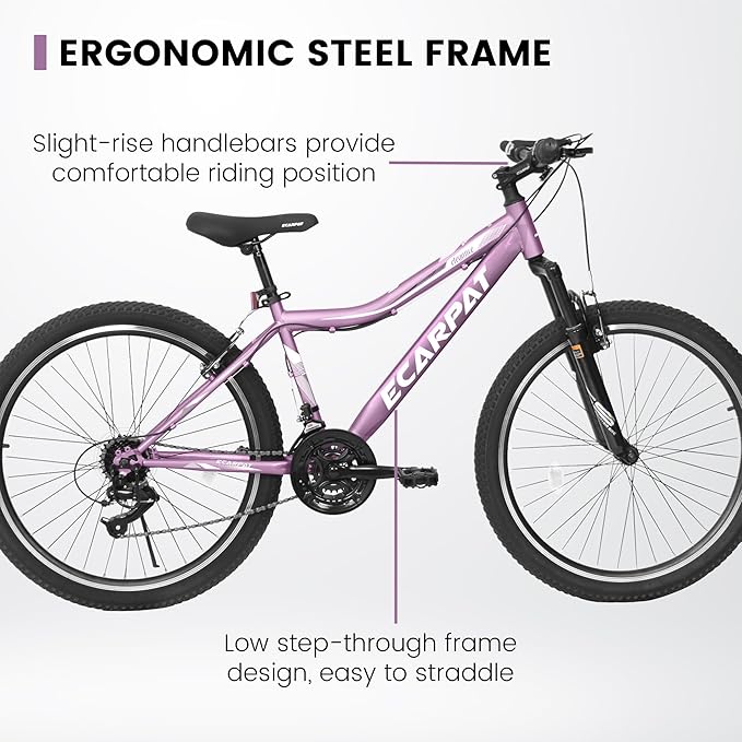 24 26 Inch Women Girls Mountain Bike, Disc/V Brakes 21 Speeds Women Bike, Sturdy Steel Frame and Suspension Fork, Stylish Adult and Teens Bicycle for Urban Trail Snow Commuter