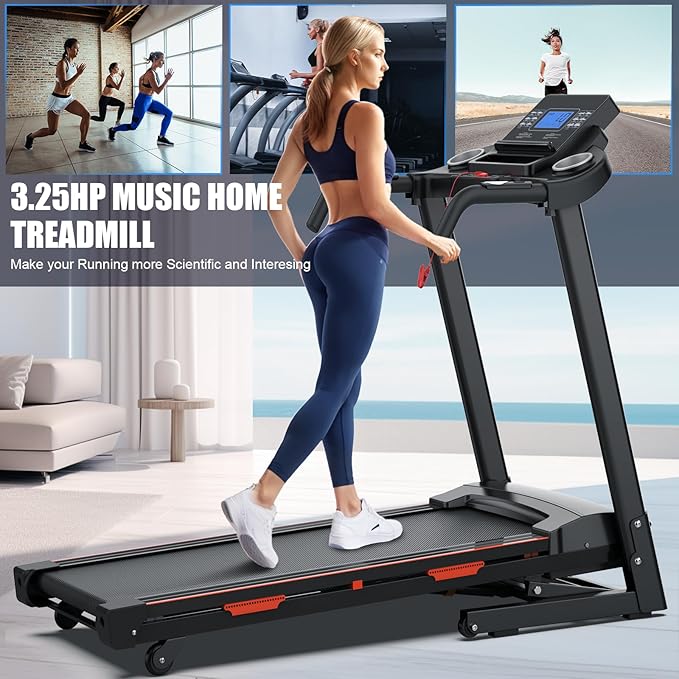 Auto Incline Treadmills for Home- foldble Treadmill 400 lb Capacity 3.25HP Folding Electric Treadmill Max 8.5 MPH Speed Running Machine with Wide Running Area Bluetooth Speaker for Home/Office Use