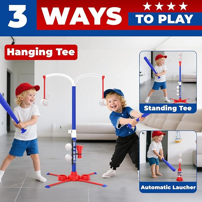 EagleStone 3-in-1 Toddler T Ball Set for Kids 3-5, 5-8, 2 Baseball Bats,Adjustable Height Hanging Tee,Tball Batting Stand,Ball Launcher. Outdoor/Indoor Baseball Toys for Toddlers, Backyard Sports Gift