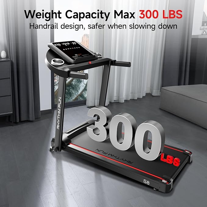 RHYTHM FUN Treadmill with Incline, 8.0 MPH Treadmills for Home with 8% Incline, Foldable Treadmill with Handles, Low Noise Walking Pad for 300 lbs