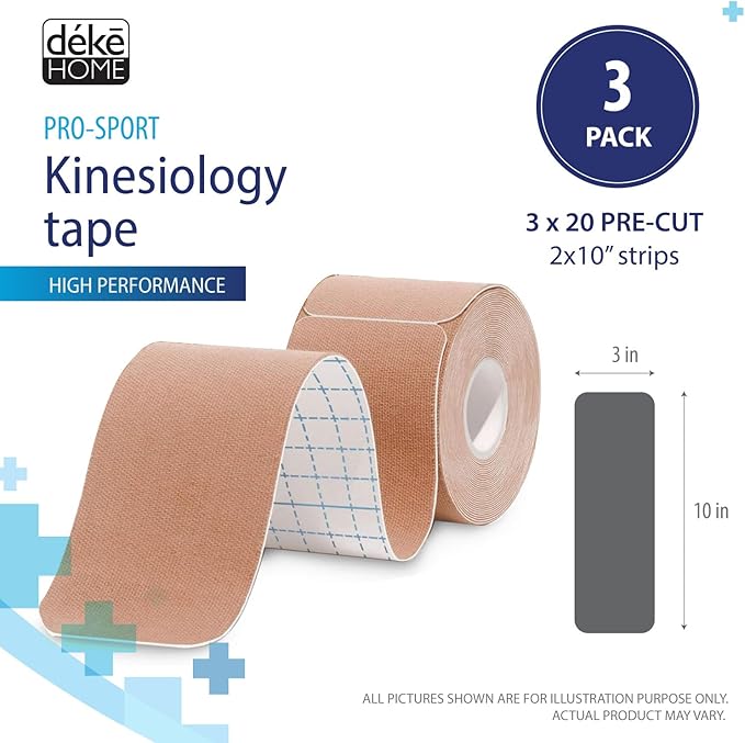 Deke Home - Kinesiology Tape Precut Strips (3 Pack), 20 Strong Adhesive 10in Elastic Strips, Waterproof Athletic Tape for Injuries, Knee, Ankle, Muscle, Joint, Latex-Free