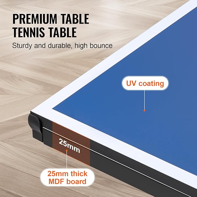 VEVOR Ping Pong Table, Professional Table Tennis Game, Indoor MDF Portable Table Tennis Table, Foldable Ping Pong Table with Quick Clamp Net and Lockable Wheel, 10 Minute Easy Assembly, 25mm Tabletops