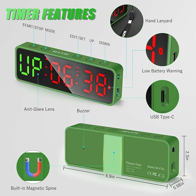 Small Gym Timer Clock Stopwatch Magnetic Workout Interval Timer, Large LED Digital Display, Home Accessories Countdown Clock for Home Gym Garage Schools