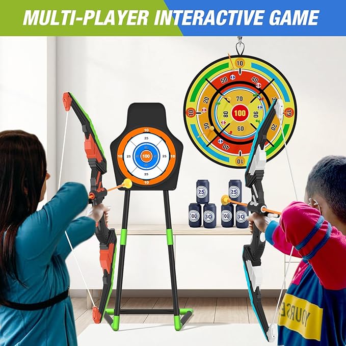2 Pack Kids Bow and Arrow with 29" Large Dart Board, LED Light Up Archery Set with 24 Suction Cup Arrows, Indoor Outdoor Sport Toys Gifts for 3 4 5 6 7 8 9 10 11 12 Year Old Boys Girls