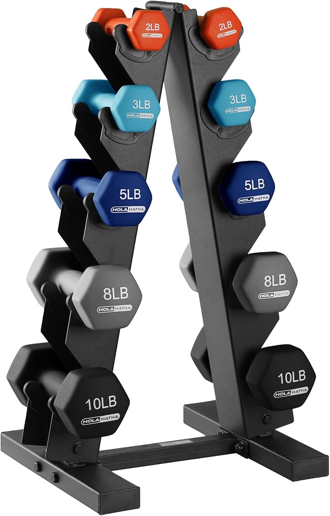 HolaHatha 2, 3, 5, 8, and 10 Pound Neoprene Dumbbell Free Hand Weight Set with Rack, Ideal for Home Exercises to Gain Tone and Definition, Pastel
