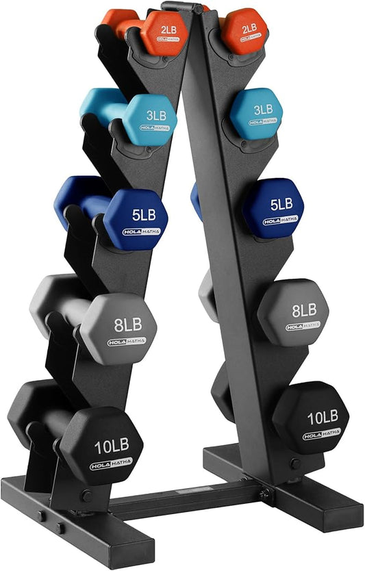 HolaHatha 2, 3, 5, 8, and 10 Pound Neoprene Dumbbell Free Hand Weight Set with Rack, Ideal for Home Exercises to Gain Tone and Definition, Pastel