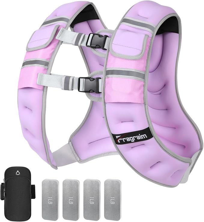 Fragraim Adjustable Weighted Vest for Women Men, 8-12lb Weight Vest with 4 Removable Iron Weights, Phone Holder and Back Pocket, Vest for Walking,Strength Training - Pink