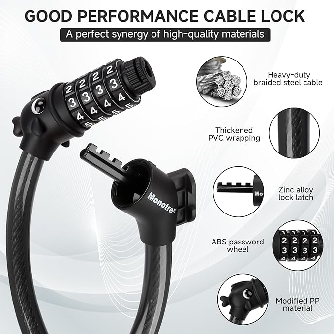 Bike Lock, 3.9 Feet 4-Digit Resettable Combination Password Anti-Theft Cable Lock, Cute Coiled Bike Lock with Mounting Bracket, Suitable for Bicycles, Electric Scooters, Ebikes (Black-12mm)