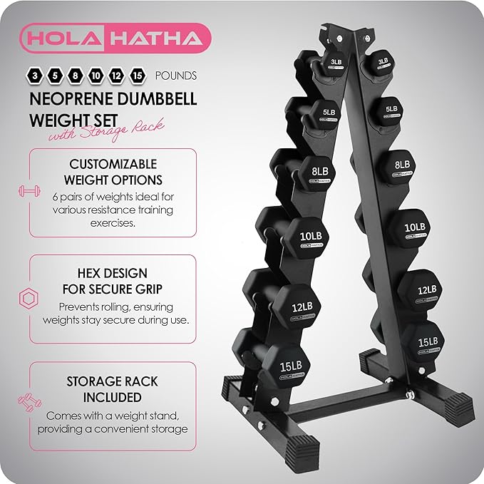 HolaHatha 2, 3, 5, 8, and 10 Pound Neoprene Dumbbell Free Hand Weight Set with Rack, Ideal for Home Exercises to Gain Tone and Definition, Pastel