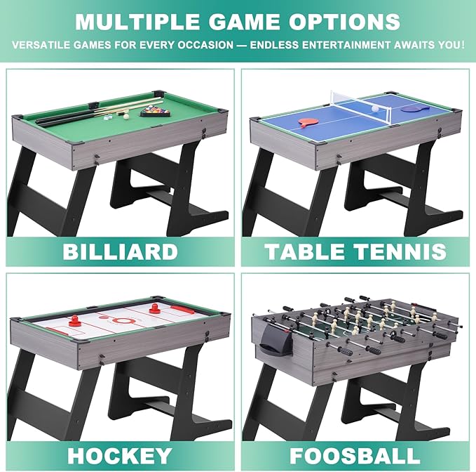 54" 4-in-1 Multi Game Table, Foldable Combo Game Table Set with Ping Pong, Hockey, Pool Billiards and Foosball for Adults, Home, Game Room, Friends & Family