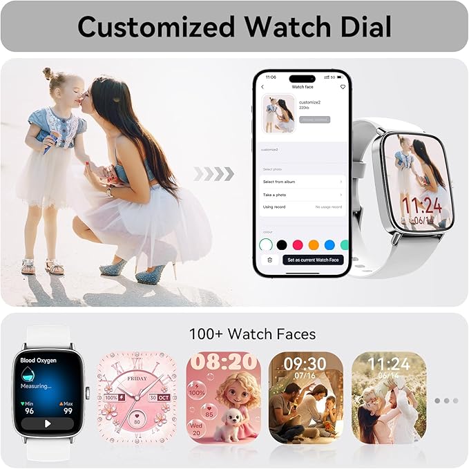 Tensky Smart Watch for Women Android & iPhone, 1.85" Touch Screen Fitness Tracker with Answer/Make Call, IP68 Waterproof 24/7 Health/Sleep Monitor, Pedometer, 100+ Sport Modes (2 Bands)