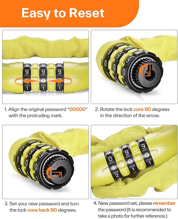 Sportneer Bike Lock: 5 Digit Combination High Security Anti Theft Bike Chain Lock - 3.2/3.6/4ft Heavy Duty Keyless Bicycle Lock for Bike, Motorcycle, Scooter, Door & Gate - 4/6mm Thick, Easy to Use