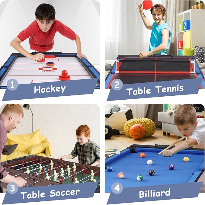 4-in-1 Swivel Multi-Game Table - 54" Combo Game Table Set for Kids, Adults - Indoor and Outdoor Arcade Sports Table - Air Hockey, Billiards, Foosball, Ping Pong for Home, Game Room