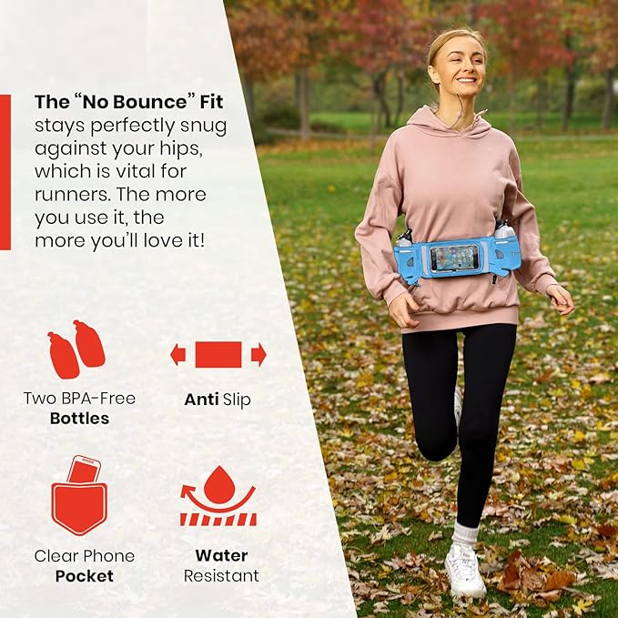 No.1 Hydration Belt by Runtasty - Premium Running Fuel Belt w/2 BPA-Free 10 oz Water Bottles, Tilt-Up Pocket w/Touchscreen-Ready Cover - Fits All iPhones, Runners Ebook & No-Bounce Design