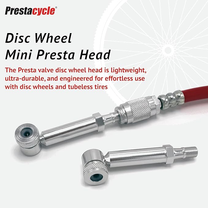 Prestacycle Disc Wheel Mini Presta Head – Compact Alloy Presta Valve Adapter with Urethane Gasket – For Prestaflator & Floor Pumps – Fits All Disc Wheels – Schrader Thread Compatible