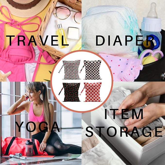 4 Pack Cute Checkered Stripe Cherry Wet Bag Waterproof Washable Reusable Wet Dry Bag for Swimsuit Bathing Dirty Clothes Cloth Diaper Travel Beach Pool Yoga Gym Toiletries Travel Beach Essentials