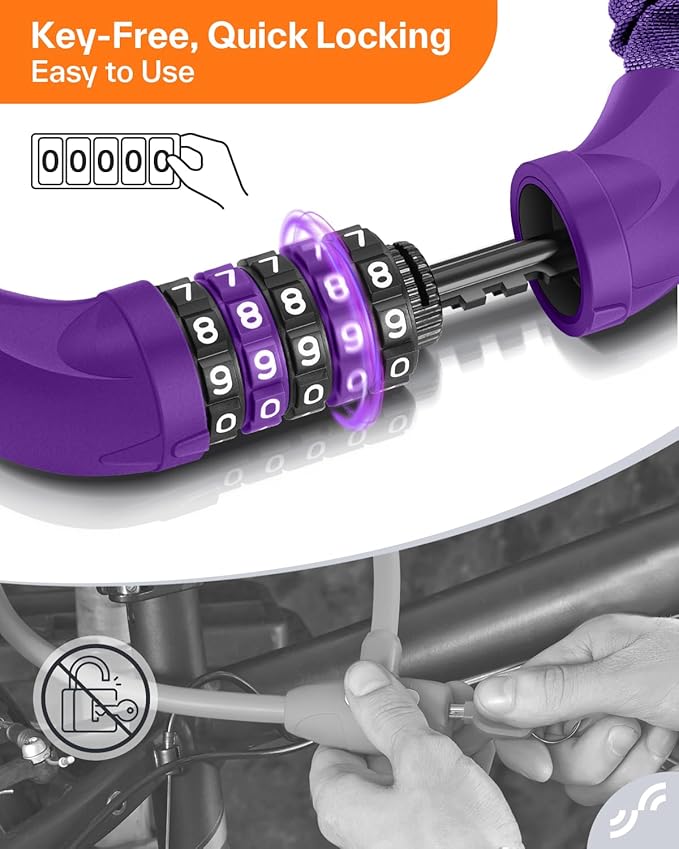 Sportneer Bike Lock: 5 Digit Combination High Security Anti Theft Bike Chain Lock - 3.2/3.6/4ft Heavy Duty Keyless Bicycle Lock for Bike, Motorcycle, Scooter, Door & Gate - 4/6mm Thick, Easy to Use